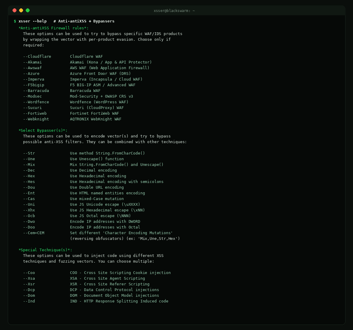 XSSer v1.9 - WAF Bypassers & Encoders XSSer